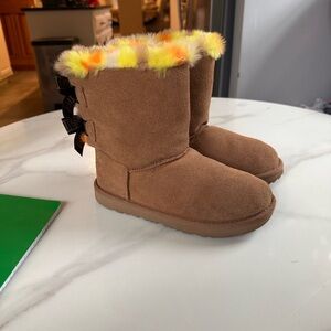 UGG Tan Boots with Multicolor Fur Trim